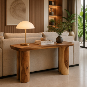 Niwara Bisoepo Living Room Solid Suar Wood Oval <b>Console</b> <b>Table</b> Cylinder <b>Legs</b> Sculptural Design Entryway Contemporary Luxury - Product Image 4