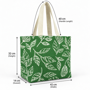 Sac fourre-tout de plage en jute non laminé, imprimé feuilles vertes, 42 x 32 x 14 cm, avec poignée plate en ruban de coton blanc de 60 cm, logo personnalisé, vente en gros - Product Image 3