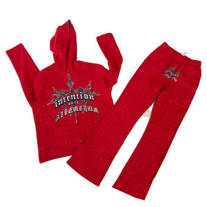 Conjunto de Sudadera con Capucha y Pantalones de Chándal para Hombre, de Algodón Personalizado con Pedrería, Lavado Ácido, Estampado Serigrafiado y Efecto Desgastado por el Sol, con Cremallera - Product Image 2