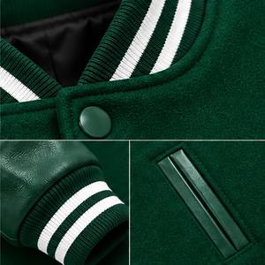 Veste universitaire verte pour homme, manches en cuir PU, décontractée, col rabattu, coupe classique, simple boutonnage, couleur unie, pour l'automne - Product Image 5