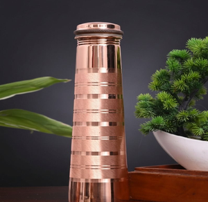 Distinctive dotted <b>hammered</b> copper bottles set, unique gold wire <b>loop</b> handles on leakproof caps, durable metal water storage. - Product Image 3