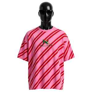 T-shirt unisexe NEXTEX à rayures diagonales rose et rouge en jersey de coton doux à col rond décontracté - Product Image 1