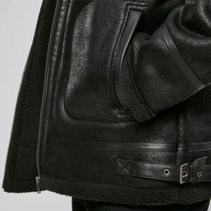 Veste de moto pour homme CLASSIC INVENTORS en cuir véritable imperméable, respirante et coupe-vent, noire, col rabattable, fermeture éclair, sherpa - Product Image 4