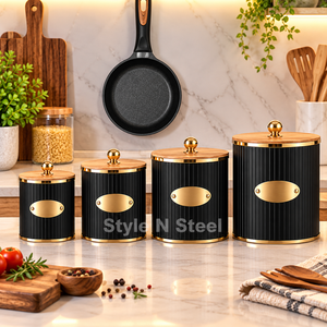 Black Metal <b>Coffee</b> Bean Storage Jar Ribbed Canister with Bamboo Lid for Kitchen Counter <b>Tea</b> <b>Sugar</b> <b>Container</b> - Product Image 4