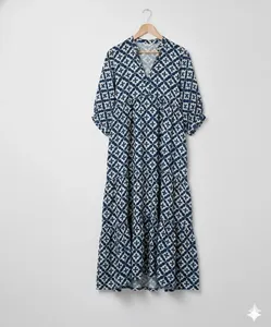 Robe maxi à imprimé géométrique de luxe, col en V, manches trois quarts, coton, coupe ample, robe d'été décontractée - Product Image 3