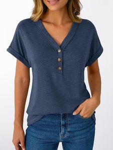 Women's <b>Navy</b> Blue V-Neck Short Sleeve Knitted T-Shirt With Button Detail Loose Fit Casual Solid Color Spring Summer <b>Top</b> - Product Image 6