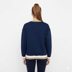 Sweat-shirt ras du cou personnalisé bleu marine et crème à lettres grecques, en mélange de coton, broderie chenille, coupe oversize, style universitaire, OEM - Product Image 5