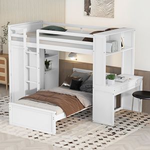 Letto a soppalco bianco singolo con librerie indipendenti e scrivania, armadio per bambini incluso - Product Image 3