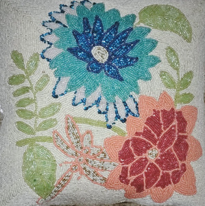 Funda de Almohada Cuadrada Bordada con Cuentas, 100% Algodón, Estilo Vintage, Azul y Rosa, Botánica, Hecha a Mano, Decorativa, para Hogar y Hotel - Product Image 2