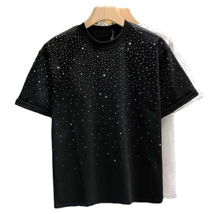 Crew Neck Half Sleeve Anti Wrinkle Breathable Eco Friendly Polyester Cotton Spring Summer Solid Rhinestone T Shirt - Product Image 3