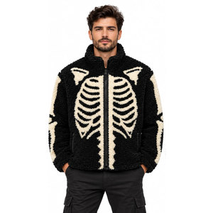 <b>Men's</b> <b>Gothic</b> Fleece <b>Jacket</b> Skeleton Print Zipper Closure Winter Warm Sherpa Lined Thick Flocking Embroidery Coat - Product Image 2