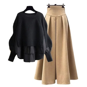 Ensemble deux pièces grande taille pour femmes automne/hiver 2025 nouveau style minceur haut et jupe à illusion - Product Image 1