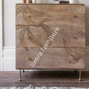 Commode de luxe artisanale en bois massif à 3 tiroirs, avec sculpture ornée en forme de feuille de fougère, finition en bois de manguier naturel - Product Image 2