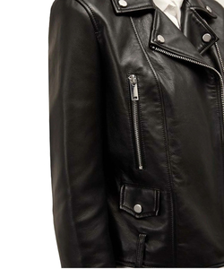 Custom Black Cropped <b>Biker</b> <b>Jacket</b> for Women Waterproof Breathable Genuine <b>Leather</b> Long Sleeve Front Zipper Winter Spring - Product Image 3