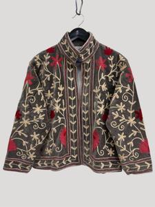 Vintage <b>Women's</b> <b>Velvet</b> Suzani Embroidered <b>Jacket</b> With Floral Threadwork Pattern Full Sleeve Stand Collar Boho Soft Winter Coat - Product Image 4