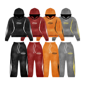 Ensemble de survêtements pour hommes 100% coton, imprimé délavé à l'acide, avec sweat à capuche à double taille orné de strass et pantalon de survêtement évasé, coupe ample et oversize - Product Image 1