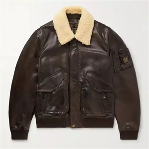 <b>Men's</b> Genuine Leather Bomber <b>Jacket</b> <b>Shearling</b> Collar Aviator Pilot Winter Coat Windproof Moto Biker Style - Product Image 1