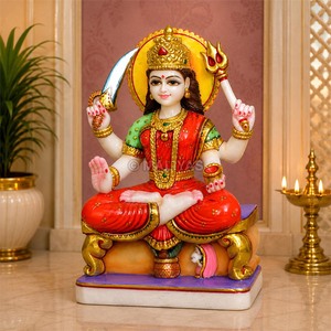 Estatua de Santoshi Mata en Mármol con Espada y Trishul |   Ídolo de Santoshi Maa sentado, Murti de mármol hecho a mano para templo y hogar |   MALIYAS - Product Image 2