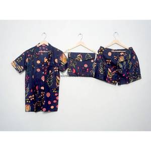 Conjunto de pijama de algodón 100% hecho a mano en India, transpirable, estampado a mano, estilo vintage, ropa de dormir corta para mujer. - Product Image 1