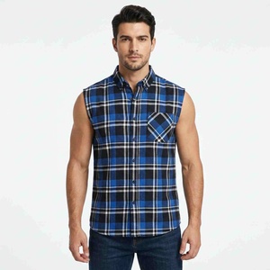 Durable Custom Logo Men Sleeveless <b>Plaid</b> Flannel <b>Shirt</b> Button Down Collar Casual Autumn Wear Blue Black White Pattern <b>Shirts</b> Men - Product Image 1