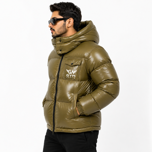 Gym Active Unisex Hooded Puffer <b>Jacket</b> Olive <b>Green</b> PU <b>Waterproof</b> Windproof Winter Casual Quilted Cotton Filled Zipper Front Logo - Product Image 4