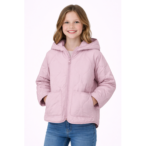 เสื้อแจ็คเก็ตมีฮู้ดสีชมพูอ่อนสำหรับเด็กผู้หญิง เสื้อโค้ทกันหนาวบุนวมน้ำหนักเบาเนื้อนุ่ม พร้อมซิปด้านหน้าและกระเป๋าแบบแปะ - Product Image 1