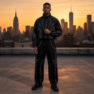 Unisex Black Tracksuit White <b>Star</b> Solid Full Zip <b>Jacket</b> Joggers Regular Fit Winter Sporty Streetwear Breathable Nylon - Product Image 2