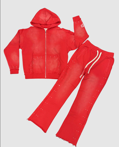 Streetwear Manufacturer Heavyweight Cotton Custom Vintage Acid Wash Rhinestone Unisex Full <b>Zip</b> Hoodie & Sweatpants Set - Product Image 1