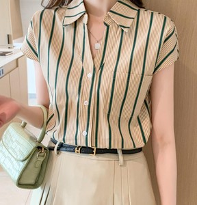 Camisa de Manga Corta a Rayas para Mujer, Cuello Camisero, Popelina, Blusa Informal, Primavera Verano, Corte Regular, 100% Algodón - Product Image 4