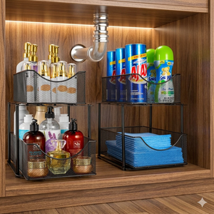 Organisateur sous évier à 2 niveaux - Étagère de rangement coulissante en maille pour salle de bain et comptoir de cuisine en acier carbone - Product Image 2