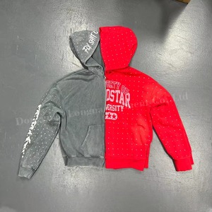 Sweat à capuche streetwear pour homme en molleton de coton épais, délavé à l'acide, effet vieilli vintage, avec strass et logo personnalisé - Product Image 6
