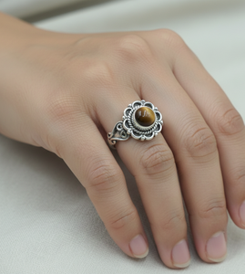 Natural <b>Tiger</b> <b>Eye</b> Gemstone 925 Sterling Silver Handmade Floral Vintage <b>Ring</b> Boho Statement Jewelry Gift Women Anniversary gift - Product Image 2