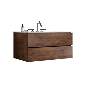 Mobile bagno sospeso TIA da 36 pollici in noce con ampio spazio contenitivo, lavabo in ceramica e design per tre fori per rubinetti - Product Image 4