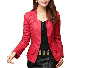 Chaqueta de Cuero Sintético Roja para Mujer, Cuello Camisero, Cierre de Botón, Corte Entallado, Manga Regular, Estilo Casual Elegante para Otoño - Product Image 1