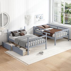 Letto a Castello in Legno di Gomma con 2 Cassetti, Convertibile in 2 Letti Singoli, Scala e Sponda di Sicurezza per Letti per Bambini - Product Image 2