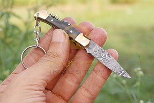 Mini Damascus Steel Folding Knife Keychain EDC Pocket Knife Brass Wood Handle Small Outdoor <b>Camping</b> Survival <b>Tool</b> OEM - Product Image 4