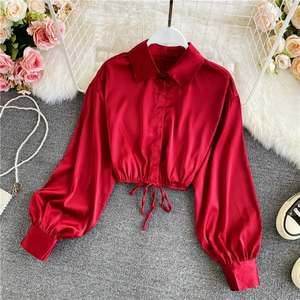 Blusa de Satén Morado para Mujer, Manga Larga, Corte Recortado, Cuello con Lazo, Tejida, Informal - Product Image 4