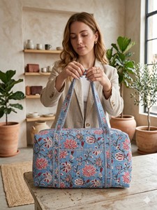 Handmade bohemian block Blue Floral Canvas Weekender Duffle <b>Bag</b> With Zipper Closure Large Capacity Travel <b>Bag</b> For Women - Product Image 2