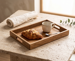 Plateau de service et de rangement moderne en acacia avec poignées, finition polie, pour bureau, restaurant, hôtel, maison - Product Image 3