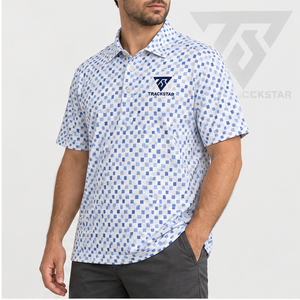 Trackstar Men's White <b>Blue</b> Geometric Square Print <b>Polo</b> <b>Shirt</b> Short Sleeve Button Collar Casual Golf <b>Shirt</b> Custom Logo - Product Image 4