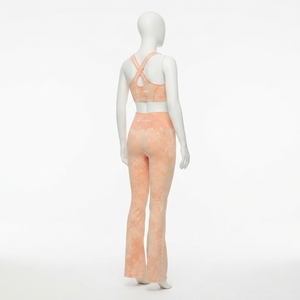 Women Peach Acid Wash <b>Yoga</b> Set Sports Bra High Waist <b>Flared</b> <b>Leggings</b> Gym Fitness Workout Activewear - Product Image 2