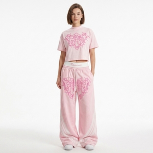 Women's Custom Embroidered Lightweight Solid Oversized <b>Crop</b> <b>Top</b> Wide Leg Jogger Pants Set Streetwear Spring Wear Elastic Waist - Product Image 1
