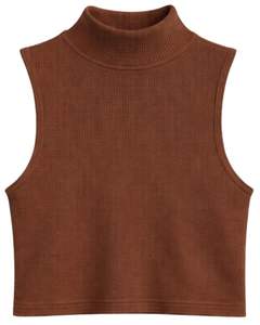 Top Corto Personalizado Marrón Acanalado de Cuello Alto Sin Mangas para Mujer, Ajuste Delgado, Elástico, Casual, de Verano, Camiseta sin Mangas, Chaleco Básico de Moda - Product Image 1