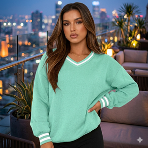 <b>Women</b> Slouchy Fit <b>V</b>-<b>Neck</b> Pullover Solid Color Drop Shoulder Long Sleeve Cotton Blend <b>Sweatshirt</b> Ladies Trendy Oversized - Product Image 1