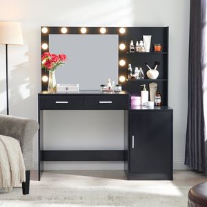 46.4IN Makeup Vanity Desk with Mirror Lights 3-Level Dresser 2 Large Vertical Organizers 2 Large Drawers <b>Dressing</b> <b>Table</b> <b>Storage</b> - Product Image 1
