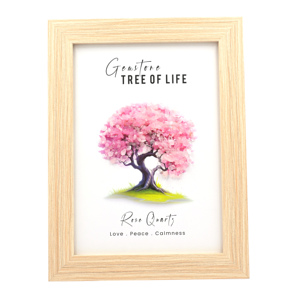 Cadre mural en bois Arbre de Vie avec pierres de quartz rose, œuvre d'art en cristal faite à la main par l'usine de gemmes de Jaipur - Product Image 1