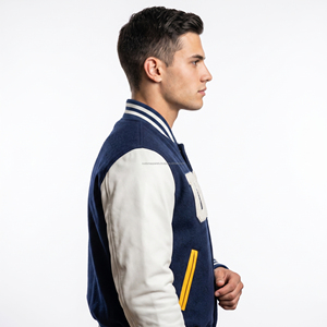 Blouson universitaire d'hiver personnalisé en laine marine écologique avec col montant, manches en cuir et patch en chenille, service OEM pour hommes - Product Image 2