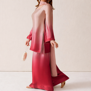 Conjunto de Túnica y Pantalones Palazzo Radiance Ombre de Mezcla de Seda |   Elegante Traje de Fiesta con Degradado Marrón Champán, Cuello Cuadrado y Largo hasta el Suelo - Product Image 3