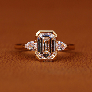 <b>Emerald</b> Cut Lab Grown Diamond Engagement <b>Ring</b> Pear Side Stone <b>Ring</b> Bezel Set Diamond <b>Ring</b> 14K Solid Gold Bridal <b>Ring</b> - Product Image 1