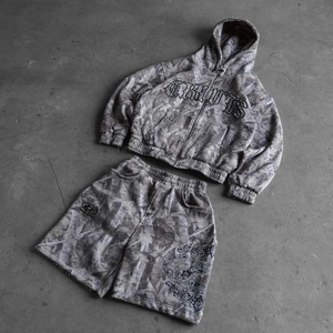 Custom Oversized Distressed Washed Embroidery Patch French Terry Cotton Como Print Zipper Hoodies Men Shorts <b>Set</b> - Product Image 2